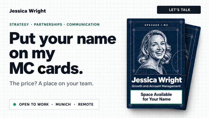 A portfolio or business card mockup for Jessica Wright, listing her specialties as "STRATEGY, PARTNERSHIPS, COMMUNICATION" with a placeholder note "Space Available for Your Name."