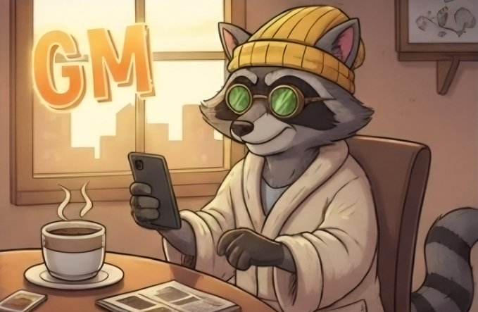 An illustration of a cartoon raccoon character wearing a yellow beanie, green sunglasses, and a bathrobe, sitting at a table with a coffee cup and looking at a phone, with large 'GM' text in orange.