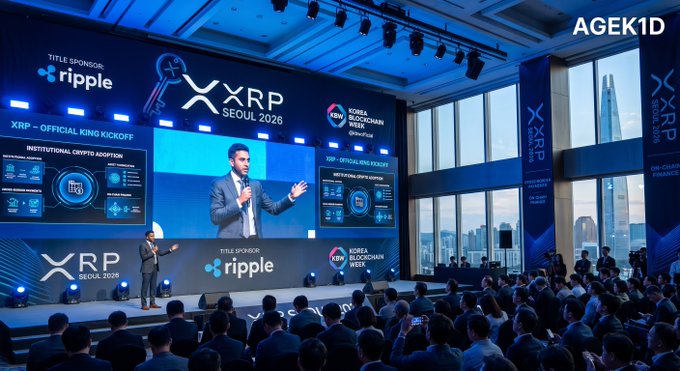A conference presentation for 'XRP SEOUL 2028' sponsored by Ripple and Korea Blockchain Week, with a speaker on stage addressing a large audience.