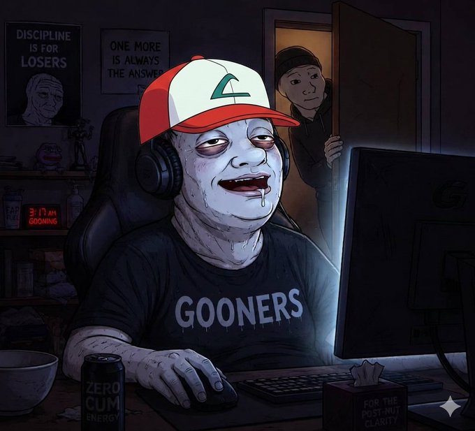 Cartoon illustration of a pale, drooling character wearing a red and white trucker hat and a black t-shirt reading "GOONERS," sitting at a computer in a dark room with posters that say "DISCIPLINE IS FOR LOSERS" and "ONE MORE IS ALWAYS THE ANSWER."