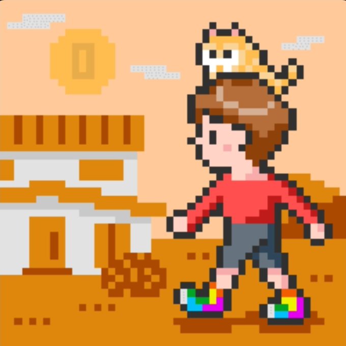 Pixel art illustration of a boy in a red shirt, gray shorts, and rainbow shoes walking, with a red panda sitting on his head, set against an orange sunset scene with a house and sun.