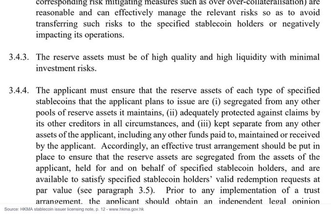 A text excerpt from an HKMA stablecoin issuer licensing note discussing reserve asset management, risk mitigation, and trust arrangement requirements.