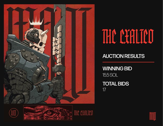 An NFT auction results page displays artwork of a knight titled 'THE EXALTED' with winning bid of 15.5 SOL and total bids of 17.
