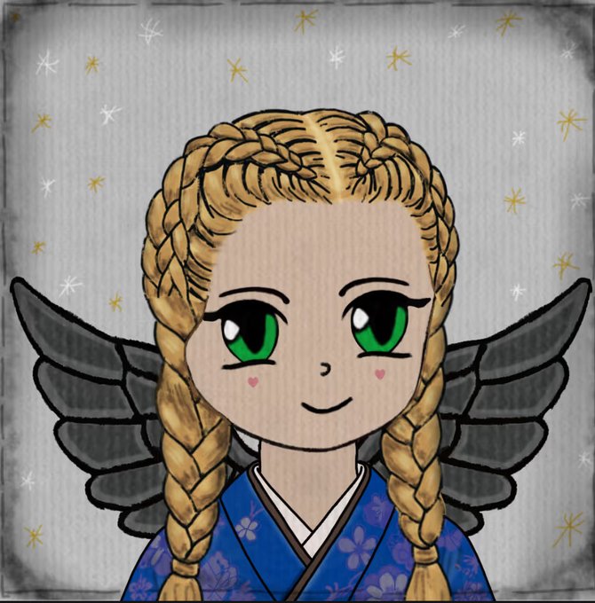 A digital illustration of a green-eyed girl with braided blonde hair, dark angel wings, and a blue floral kimono against a starry background.