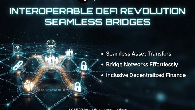 A promotional graphic titled 'INTEROPERABLE DEFI REVOLUTION: SEAMLESS BRIDGES' featuring bullet points about seamless asset transfers, bridge networks, and inclusive decentralized finance.