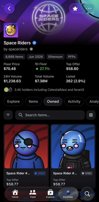 A screenshot of an NFT marketplace profile for the "Space Riders" collection, showing 8,888 items with a floor price of $70.48, 24H volume of $1,238.63, and two example "Space Rider #..." digital characters.