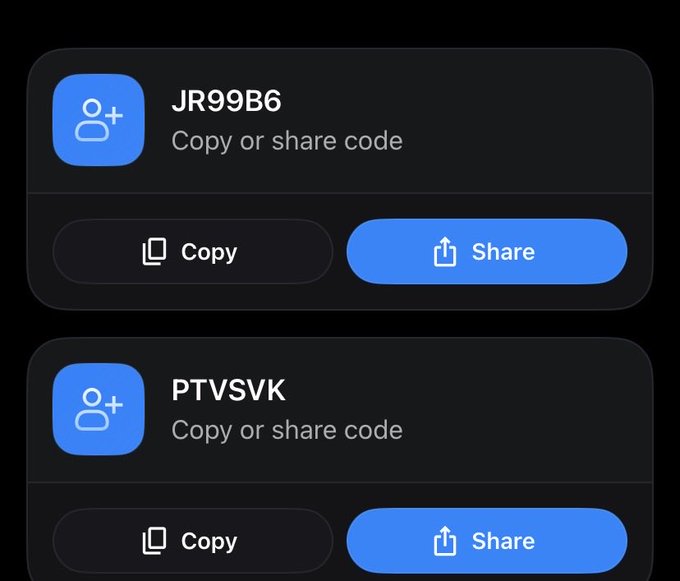 A dark-themed mobile app interface displaying two shareable codes, 'JR99B6' and 'PTV8VK', each with 'Copy' and 'Share' buttons.