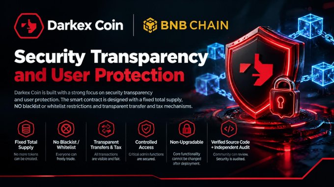 A promotional banner for 'Darkex Coin' on the 'BNB CHAIN' highlights 'Security Transparency and User Protection' with features like 'Fixed Total Supply' and 'No Blacklist / Whitelist'.