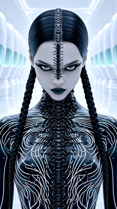 A futuristic, cybernetic woman with dark blue skin, braided hair, glowing white circuitry lines across her torso, and a zipper running down the center of her face, standing in a sleek, white sci-fi corridor.