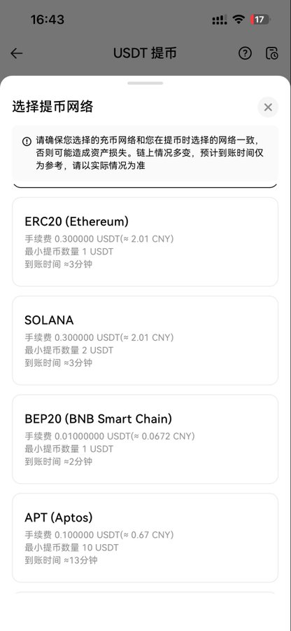 A mobile app screen in Chinese for USDT (USDT 提币) withdrawal, showing network options including ERC20 (Ethereum), SOLANA, BEP20 (BNB Smart Chain), and APT (Aptos) with their respective fees and processing times.