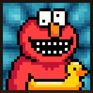 A pixelated image of Elmo from Sesame Street grinning widely with wide eyes, fitting the pixel-art theme of the @pixeltripnft giveaway for 25 GTD spots, though no text or numbers are visible in the image itself.