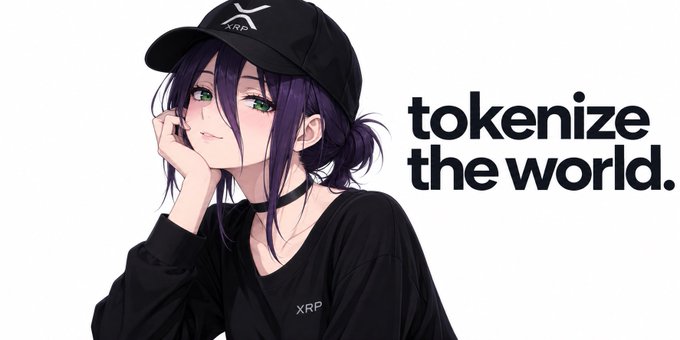 An anime-style character with purple hair wearing a black XRP-branded cap and shirt, resting her chin on her hand next to the text 'tokenize the world.'