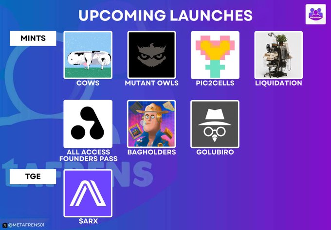 The image shows a list of interesting mints or token launches for the week, including a variety of options such as cows, mutant owls, piczze cells, and liquidation. The text explains that these upcoming launches are being released soon, so people may want to invest in them if they're interested. The post is posted on social media with a purple background and a blue border, giving it an appealing visual effect.