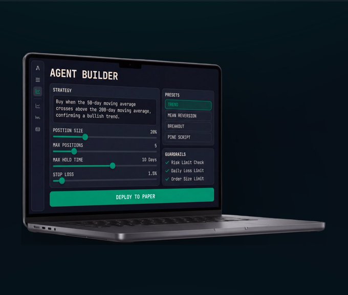 A laptop displays an 'AGENT BUILDER' interface showing trading strategy settings, presets like 'TREND' and 'MEAN REVERSION', and guardrails including 'Risk Limit Check' and 'Daily Loss Limit'.