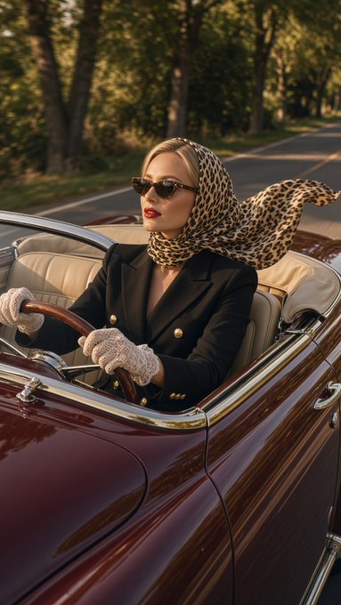A stylish woman wearing a leopard print headscarf, sunglasses, a black blazer, and white lace gloves drives a classic burgundy convertible car down a tree-lined road.