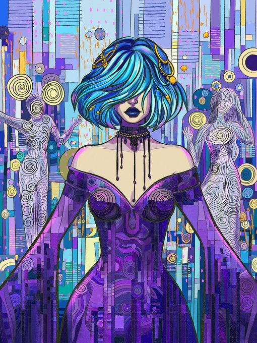 A stylized pop-art illustration of a woman with voluminous blue hair, dark lipstick, and a purple corset dress, set against an abstract background of geometric patterns and spiraled figures.