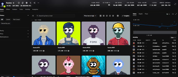 The image displays an OpenSea marketplace page for the "foons" NFT collection, showing various pixelated character artworks with prices ranging from 100.00 to 250.00 GDOE, illustrating how these initially $10 items have appreciated to over $120 in value.