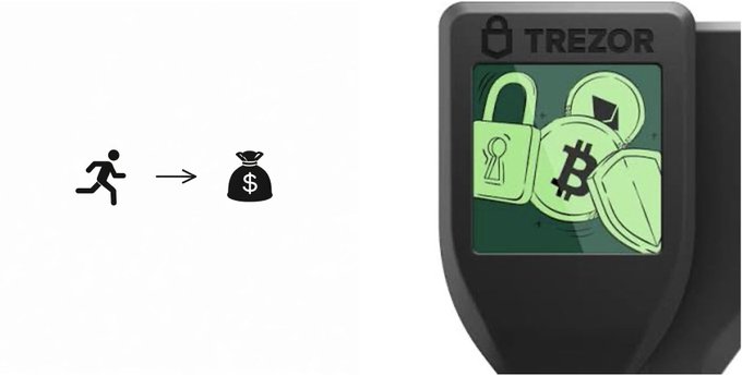 The image shows a Trezor hardware wallet displaying Bitcoin (₿) and security icons on its screen, alongside a graphic of a running figure moving toward a money bag—symbolizing the "Millionaire speedrun" theme of growing wealth and securing it with a hardware wallet.
