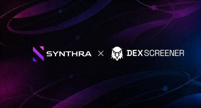 A promotional banner with a dark purple and blue cosmic background featuring the logos for 'SYNTHRA' and 'DEXSCREENER' side by side.