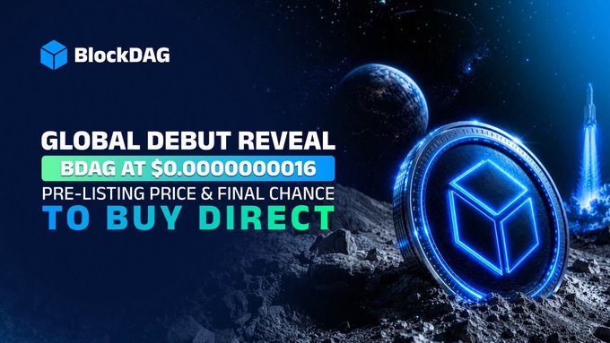 A promotional graphic for BlockDAG (BDAG) features a glowing blue coin resting on a lunar surface with Earth and a rocket in the background, advertising a pre-listing price of $0.0000000016 with text announcing a "GLOBAL DEBUT REVEAL" and a "FINAL CHANCE TO BUY DIRECT."