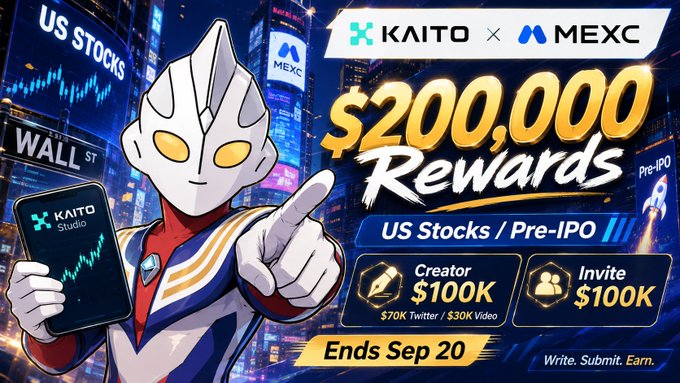 A promotional banner for a KAITO x MEXC $200,000 Rewards campaign featuring an Ultraman character holding a tablet, advertising US Stocks/Pre-IPO opportunities with Creator and Invite rewards of $100K each, ending Sep 20.