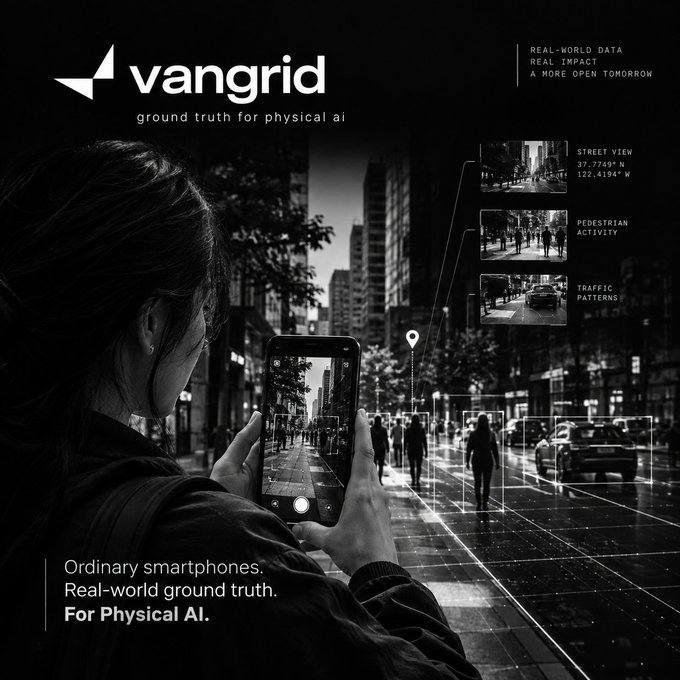 A black-and-white advertisement for "vangrid" featuring the tagline "ground truth for physical ai," showing a person using a smartphone to capture street data, with callouts for "STREET VIEW," "PEDESTRIAN ACTIVITY," and "TRAFFIC PATTERNS," alongside the text "Ordinary smartphones. Real-world ground truth. For Physical AI."