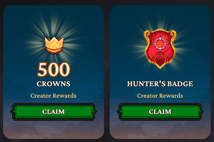 Two digital reward cards from a game, offering '500 CROWNS' and a 'HUNTER'S BADGE' as Creator Rewards, each with a green 'CLAIM' button.