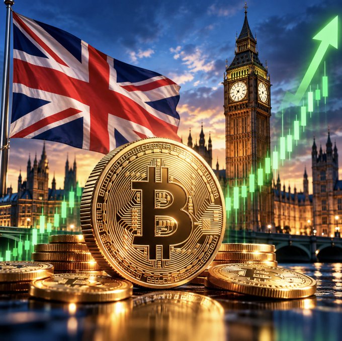 A golden Bitcoin stands prominently in front of the UK's Union Jack flag and Big Ben, with a green upward-trending candlestick chart illustrating rising market performance—visually representing the milestone launch of the UK's first Bitcoin-backed preferred shares by The Smarter Web Company, which raised $13M and is offering a 12% annual yield with shares up 5% on debut.