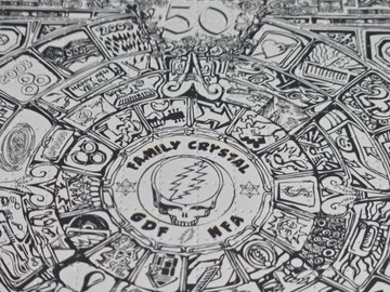A black and white detailed mandala illustration centered on a lightning bolt skull logo with 'FAMILY CRYSTAL ODYSSEY' text encircling it, surrounded by radiating panels of intricate symbols and patterns.