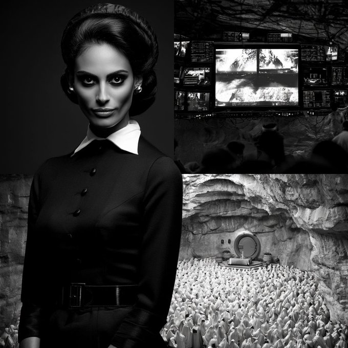A black and white composite image featuring a woman in a dark uniform on the left, alongside scenes of a large control room with screens and a vast underground auditorium filled with a crowd.