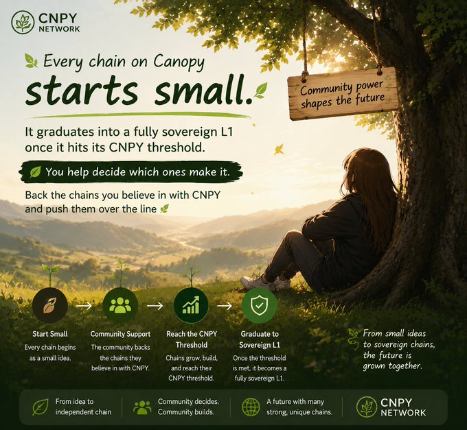 A promotional graphic for CNPY Network titled 'Every chain on Canopy starts small,' explaining how chains graduate to a fully sovereign L1 after hitting a CNPY threshold, with illustrated steps from 'Start Small' to 'Graduate to Sovereign L1.'