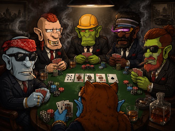 The image features a group of five men dressed in suits, sitting around a table playing poker with cards and chips. One man has a cat sitting next to him at the table. The background shows a dark room with a lamp providing light for the players. A caption on the image reads "Don't mess with these gangsta Wegens cause they are migrating to ETH starting this weekend and are getting in one last night of degening on SOL! Follow us to ETH very soon!".