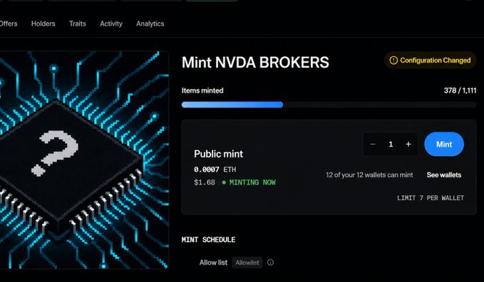 An NFT minting page titled 'Mint NVDA BROKERS' shows items minted at 378/1,111 with a public mint price of 0.0007 ETH ($1.68) and a 'Minting Now' indicator, alongside an image of a computer chip with a question mark.