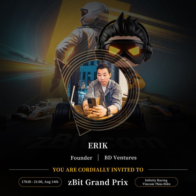 The image is an event invitation for "zBit Grand Prix" featuring a racing helmet with sunglasses and go-kart elements, showcasing founder Erik of BD Ventures using a smartphone in the center. The invitation details the event on August 14th, from 17h30 to 21:00, at Infinity Racing, Vincom Thao Dien, tying into the crypto networking and go-kart racing event held alongside Conviction Vietnam 2026.