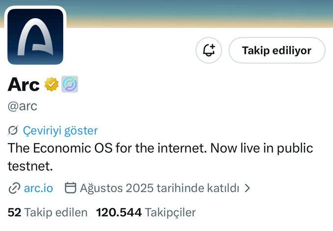 The Twitter profile for "Arc" showcases their "Economic OS for the internet," currently live in public testnet, with 120,544 followers and the handle @arc. This aligns with the post's anticipation of Arc's mainnet launch and potential capital inflow.