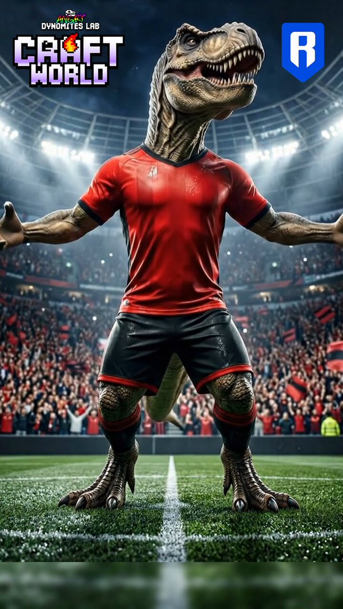 The image features a dinosaur character standing on a soccer field, surrounded by a crowd of people who are watching him play. The dinosaur appears to be wearing red clothing and has his arms outstretched as if he's celebrating or cheering for the game. The crowd is also dressed in red, indicating that they might be fans supporting their favorite team. The post seems to be promoting a sports event or competition, possibly a soccer match between two teams with a dinosaur mascot.