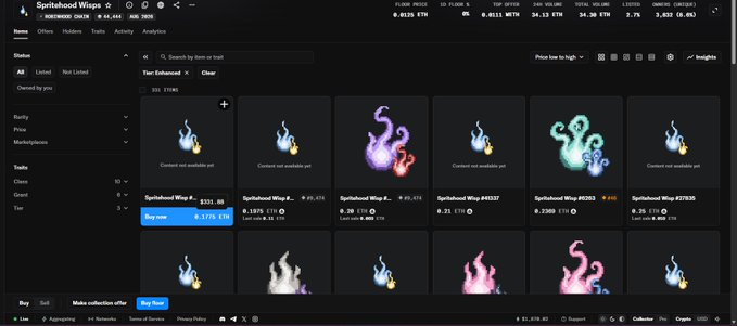 A screenshot of the Sprithood Wisps NFT marketplace on OpenSea displays available "Time Enhanced" listings with prices ranging from 0.189 ETH (~$331) to 0.36 ETH ($628), alongside a "Buy now" button priced at 0.1175 ETH for a specific Sprithood Wisp #331 token. The image supports the post's claim by showing the enhanced sprite's floor price of $331, comparing it to the poster's $14 mint cost.