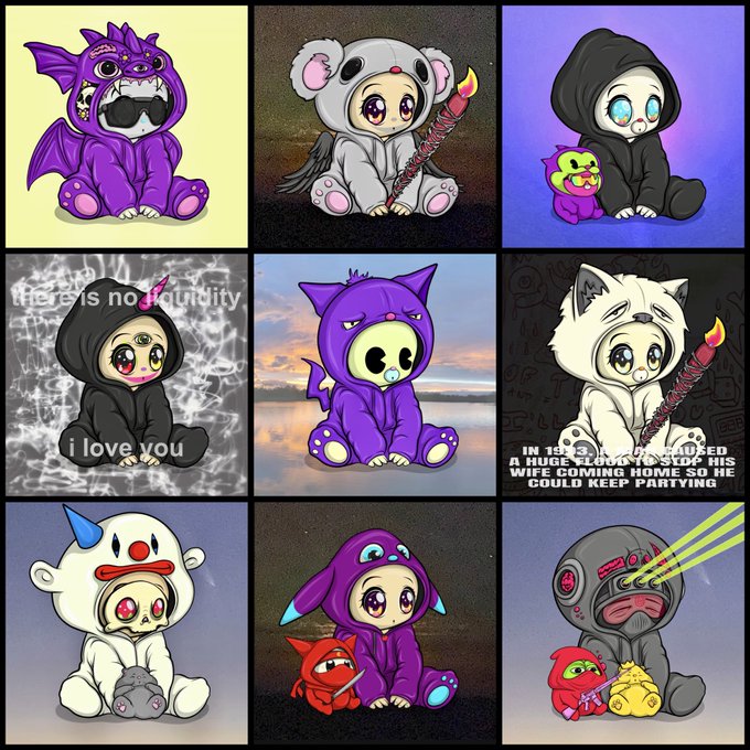 A 3x3 grid of cartoon-style illustrations featuring cute chibi characters in animal-themed hoodies, with one panel reading 'i love you' and another about a giant blood clot.