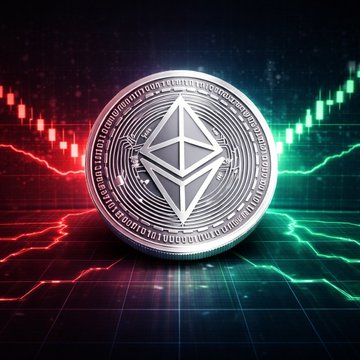 A silver Ethereum (ETH) coin sits prominently against a backdrop of red and green trading chart lines, symbolizing the cryptocurrency's market presence. The image visually reinforces the post's discussion of Ethereum's energy efficiency and network stability concerns highlighted in Cambridge's recent analysis.
