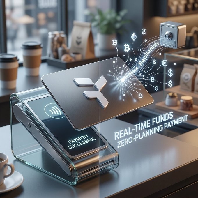 A promotional graphic depicting an X (formerly Twitter)-branded payment card on a contactless payment terminal with 'PAYMENT SUCCESSFUL' displayed, alongside 'REAL-TIME FUNDS, ZERO-PLANNING PAYMENT' text and cryptocurrency symbols.