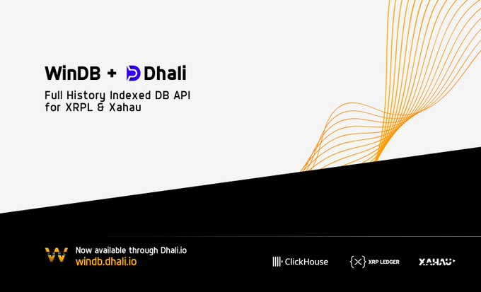 A promotional banner reads 'WinDB + Dhali - Full History Indexed DB API for XRPL & Xahau'. The bottom section indicates the service is available at 'windb.dhali.io' and displays logos for ClickHouse, XRP Ledger, and Xahau.