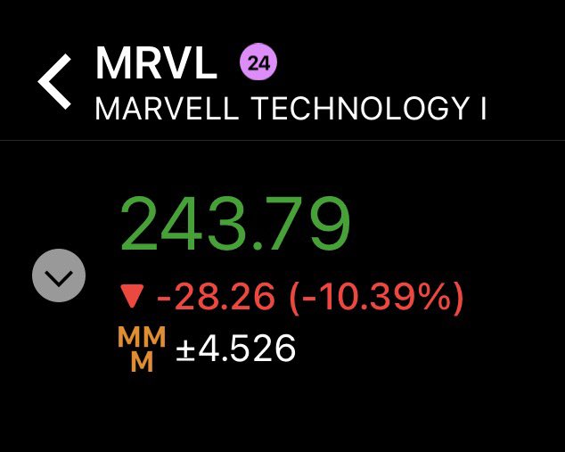The image shows a stock chart for Marvell Technology (MRVL) trading at $243.79, down $28.26 (-10.39%) with moderate volatility (±4.526) on what appears to be a 24-hour timeframe. The post's reference to a "rug pull" suggests users are attributing this dramatic single-day selloff to Jensen Huang (NVIDIA's CEO), implying his recent AI-related announcement triggered the sharp decline in MRVL's share price.
