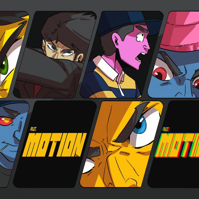 A collection of Pokemon-themed card designs features stylized artwork of Meowth, including close-up portraits and dramatic character shots. The cards display 'PROJECT MOTION' text in bold yellow lettering.