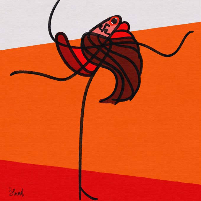 An abstract painting with a signature 'Shea' in the corner depicts a tangled dark red and black form with lines extending outward against horizontal bands of white, orange, and red.