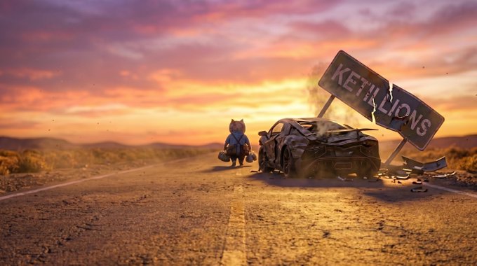 A surreal digital artwork depicts two anthropomorphic cats walking down a desert road carrying duffel bags, passing a crashed black car and a 'KETTLE LIONS' sign against a sunset sky.