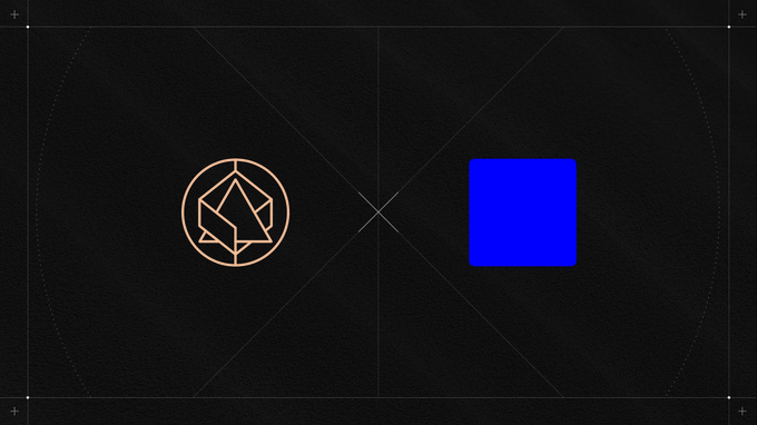 A minimalist dark design featuring an EOS (cryptocurrency) logo on the left and a solid blue square on the right, separated by an X-shaped divider.