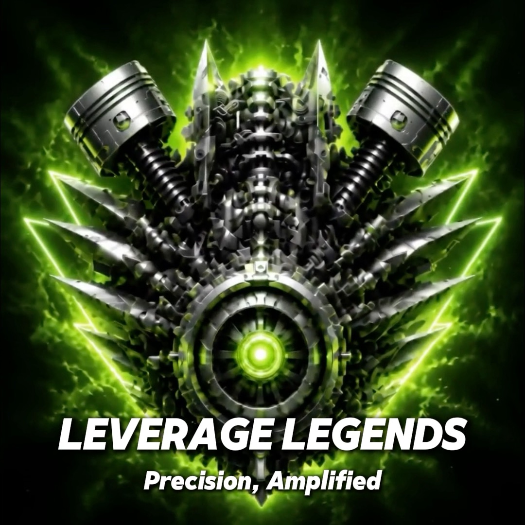 An industrial-themed logo features pistons and gears arranged in a shield shape, labeled 'LEVERAGE LEGENDS' with the tagline 'Precision, Amplified'.