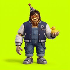 A 3D-rendered character wearing a varsity jacket with "A" letter, denim overalls, red glasses, and a colorful party hat, holding a rubber duck against a lime green background.