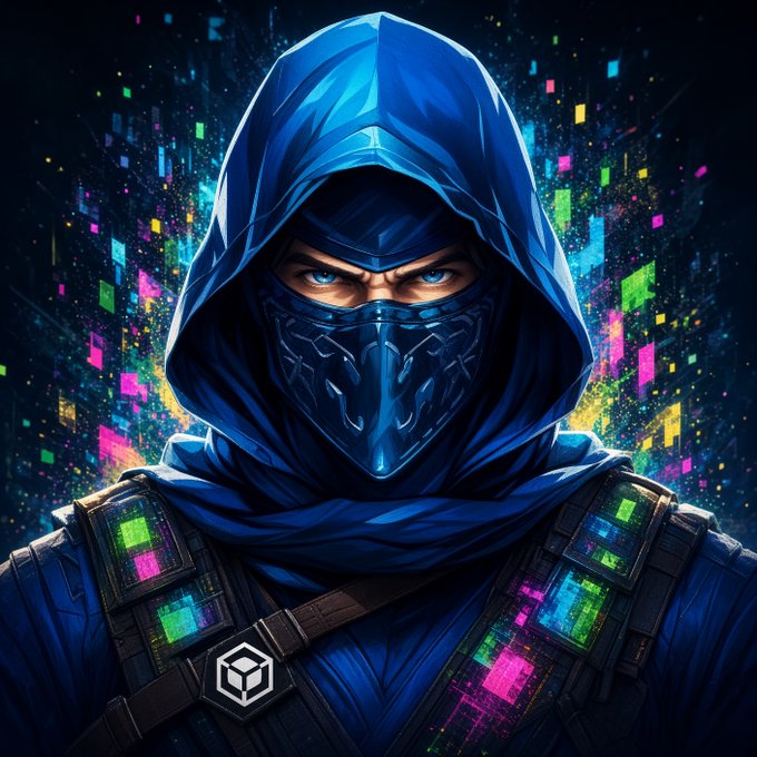 A digital illustration of a hooded, masked cyber-ninja character with glowing blue eyes against a colorful glitchy background, featuring an XRP logo at the bottom.