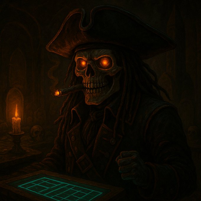 A skeletal pirate figure wearing a tricorn hat with glowing orange eyes smokes a cigar in a dimly lit crypt, with a glowing teal game board displayed in front of him. The undead gambler imagery reinforces the post's theme of "GraveDraw" provably fair mechanics, personifying the grim, transparent nature of the decentralized multichain gaming experience where users retain full control.